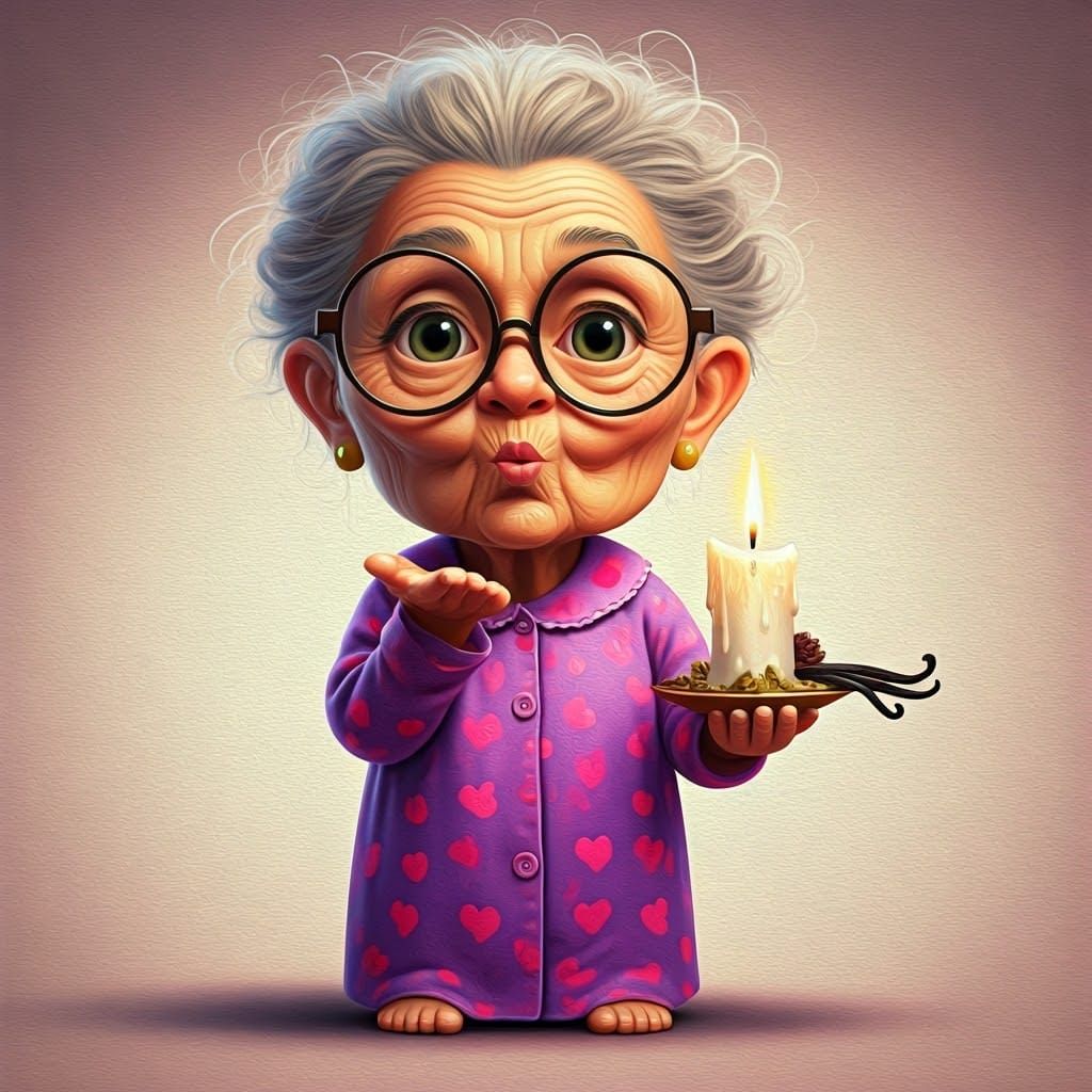 Playful Elderly Woman in Vibrant Purple Nightgown, Holding C...