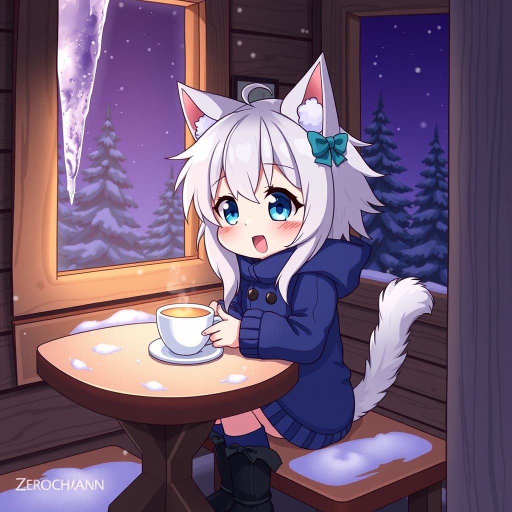 Cute Anime Catgirl Sips Coffee by the Fireplace
