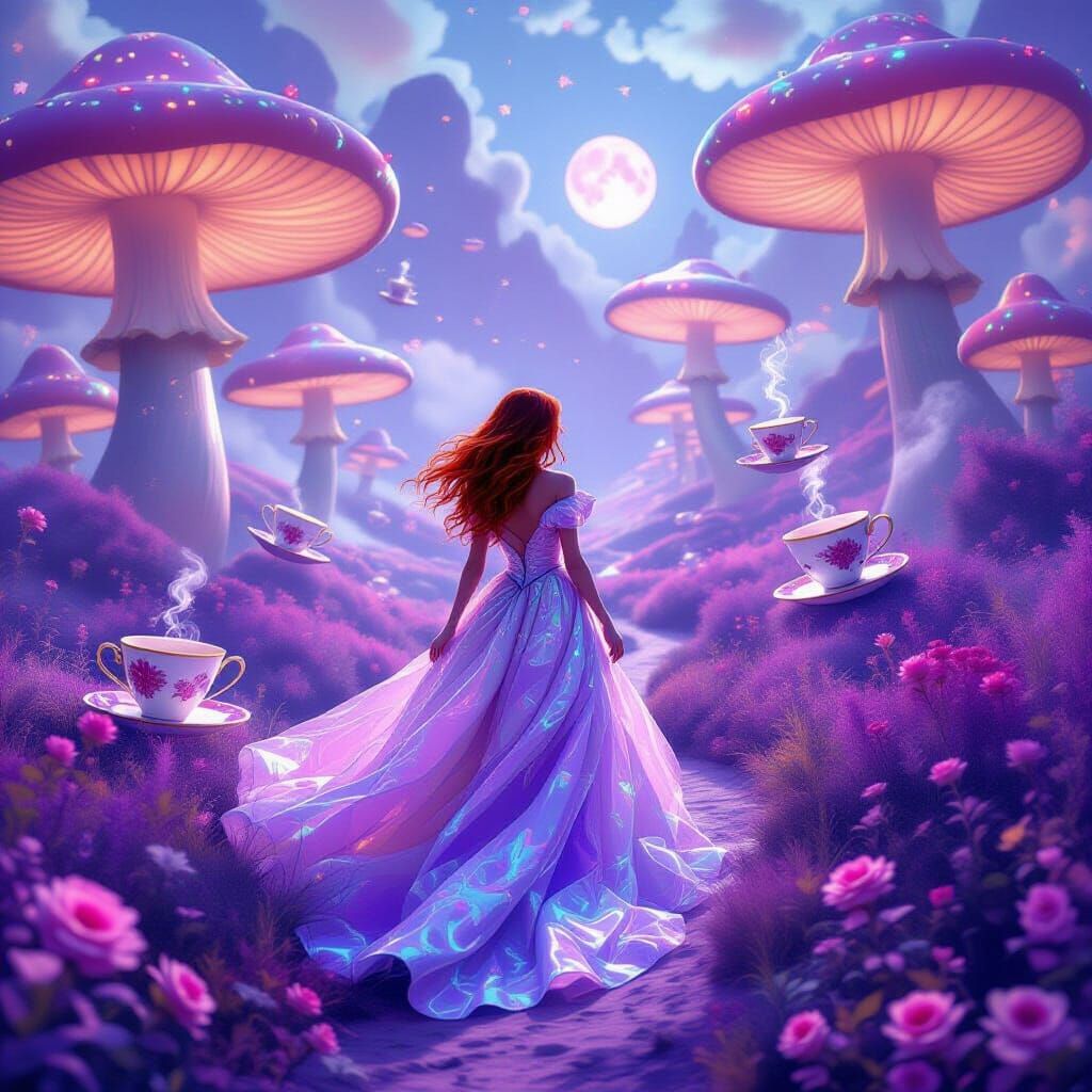 Red-Haired Woman Explores Surreal Alice in Wonderland Dreams...