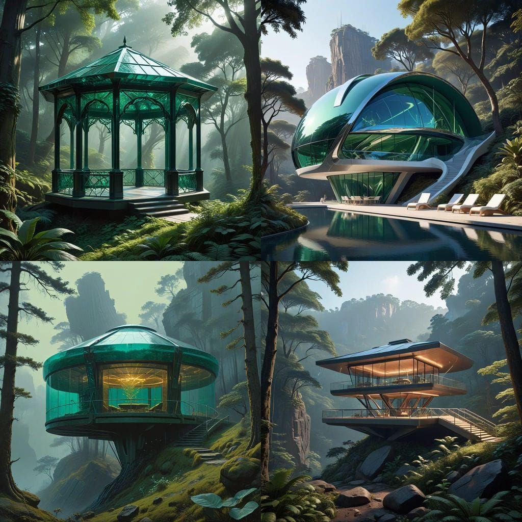 Neo-Futuristic Cliffside Gazebo in a Lush Forest