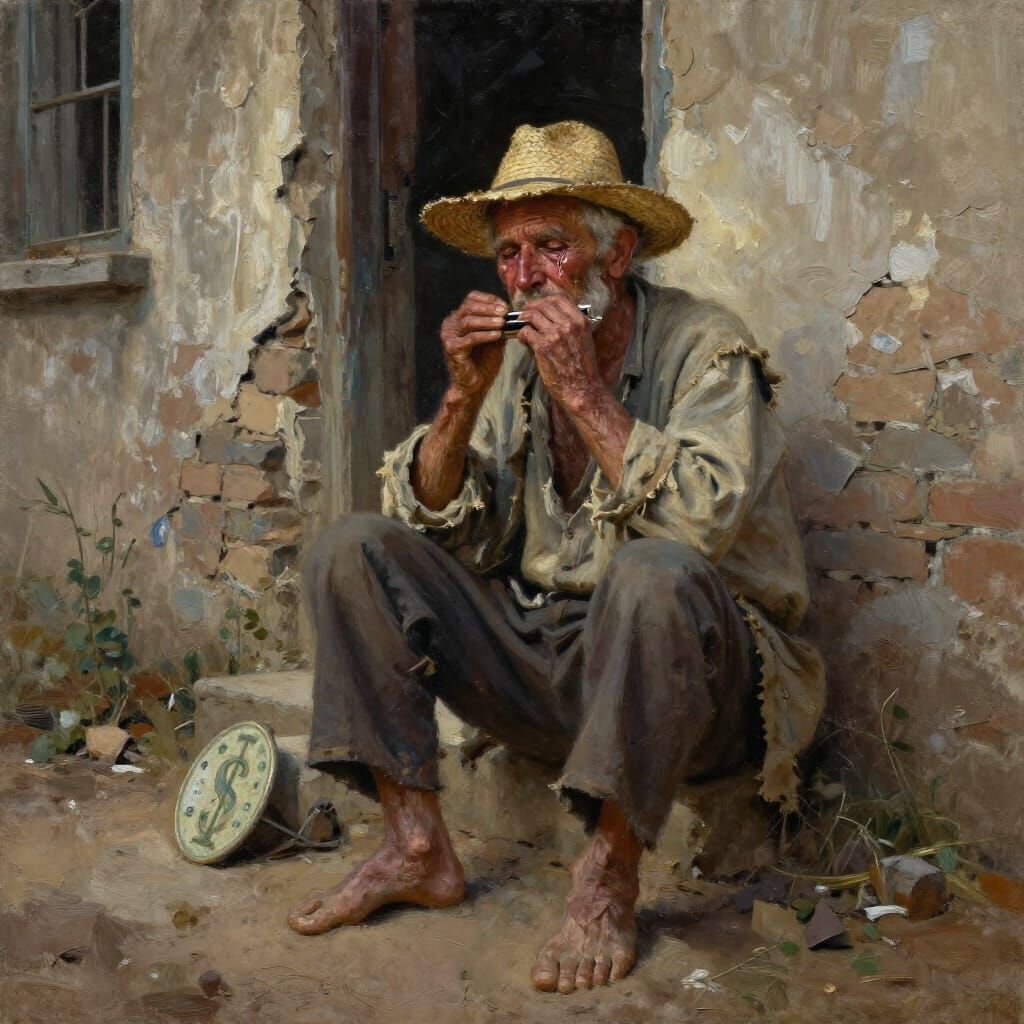 Elderly Man Plays Harmonica in Moody Oil Painting
