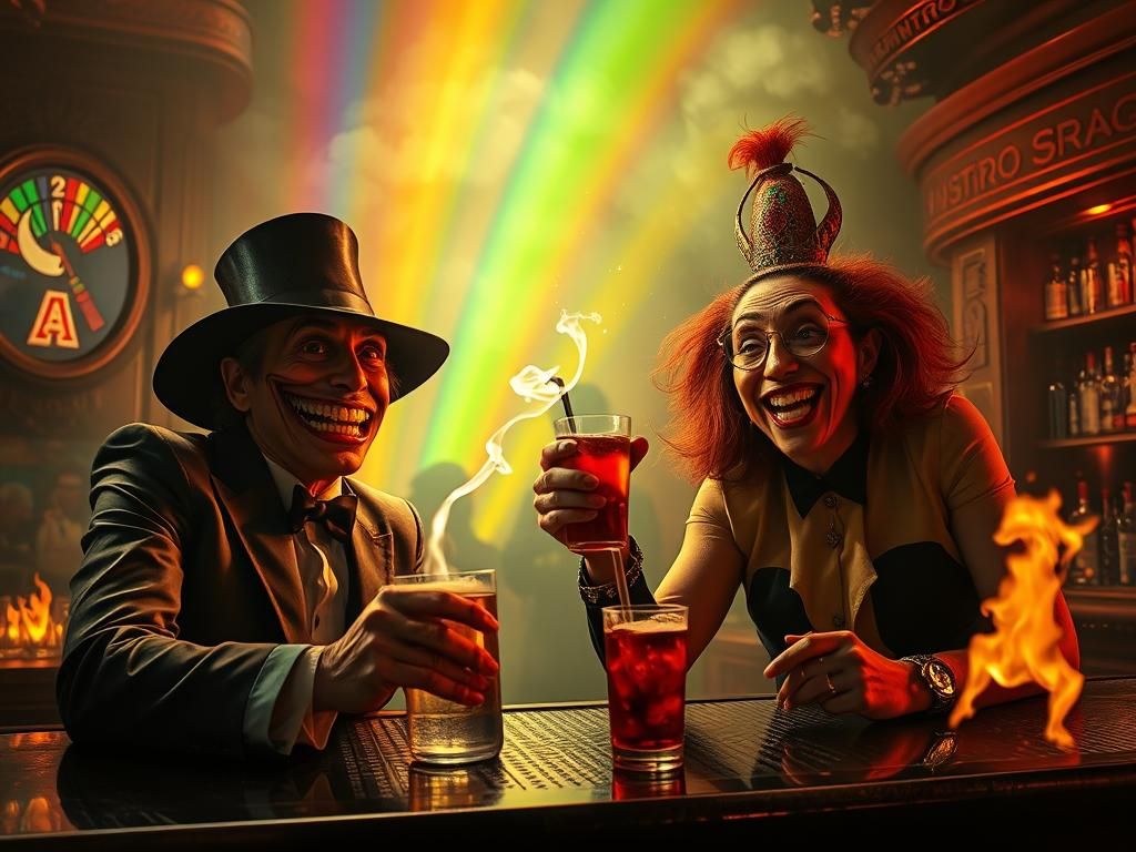 Surreal Film Noir Scene with Exploding Rainbows