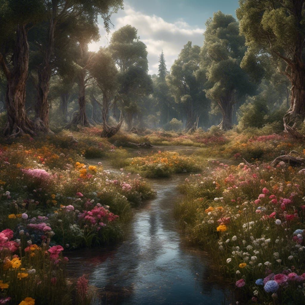 Hyperrealistic Field of Flowers and Stream Landscape