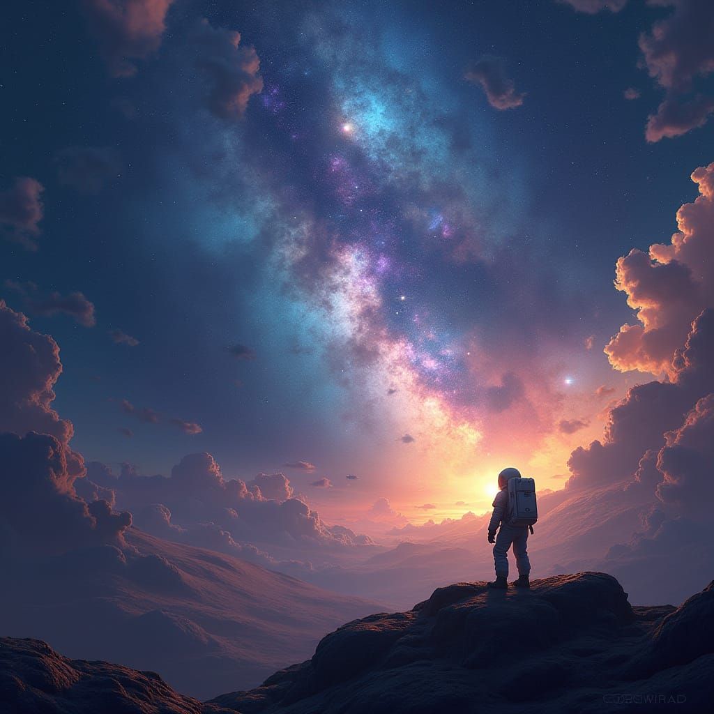 Cosmic Vista: Astronaut Gazes at Swirling Nebulae and Galaxi...