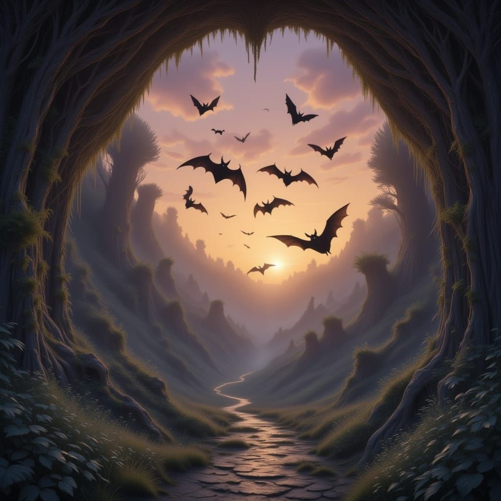 Bats Emerge from Cave at Dusk: Fantasy Wildlife Art