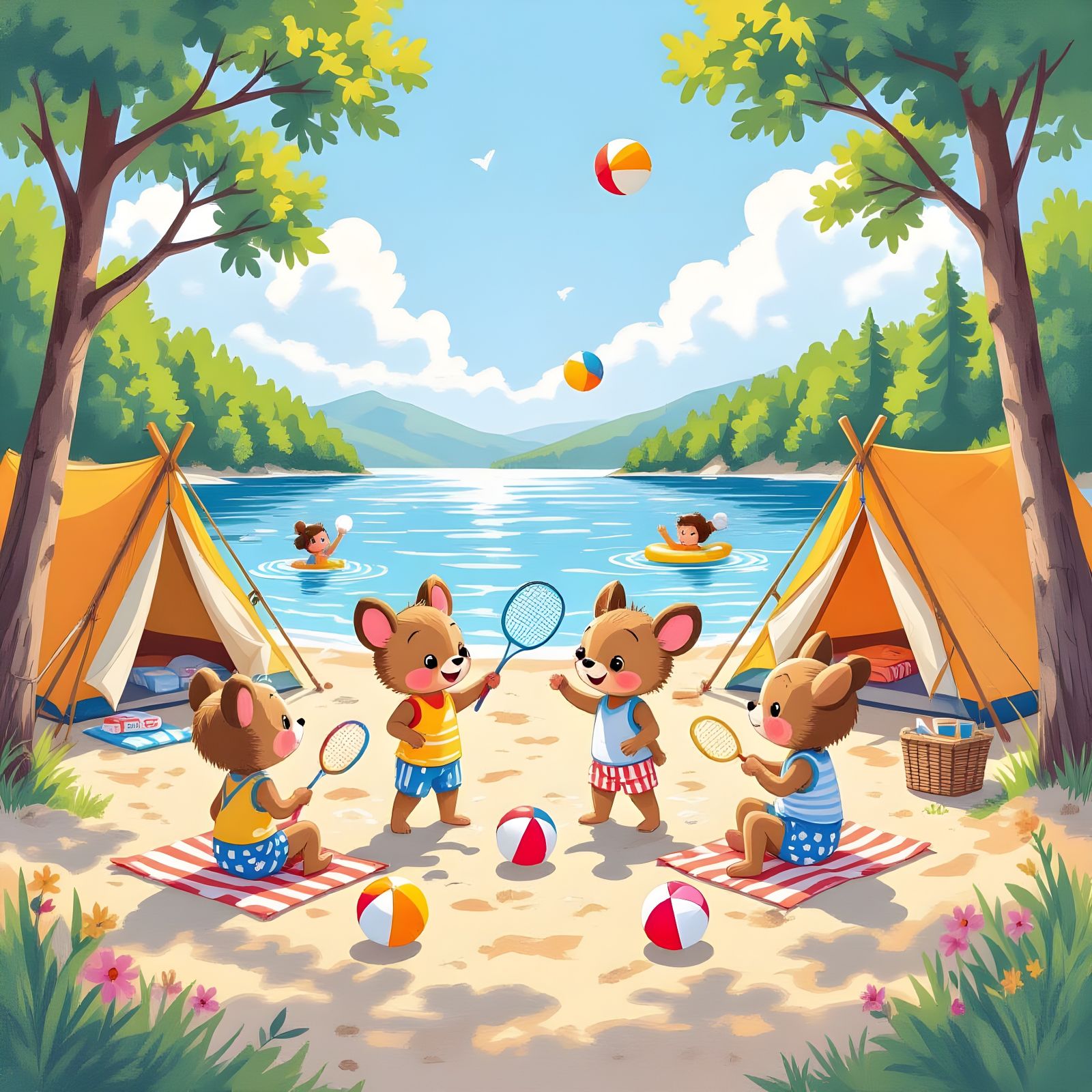 Animals Enjoy Lakeside Camping in Colored Pencil Drawing
