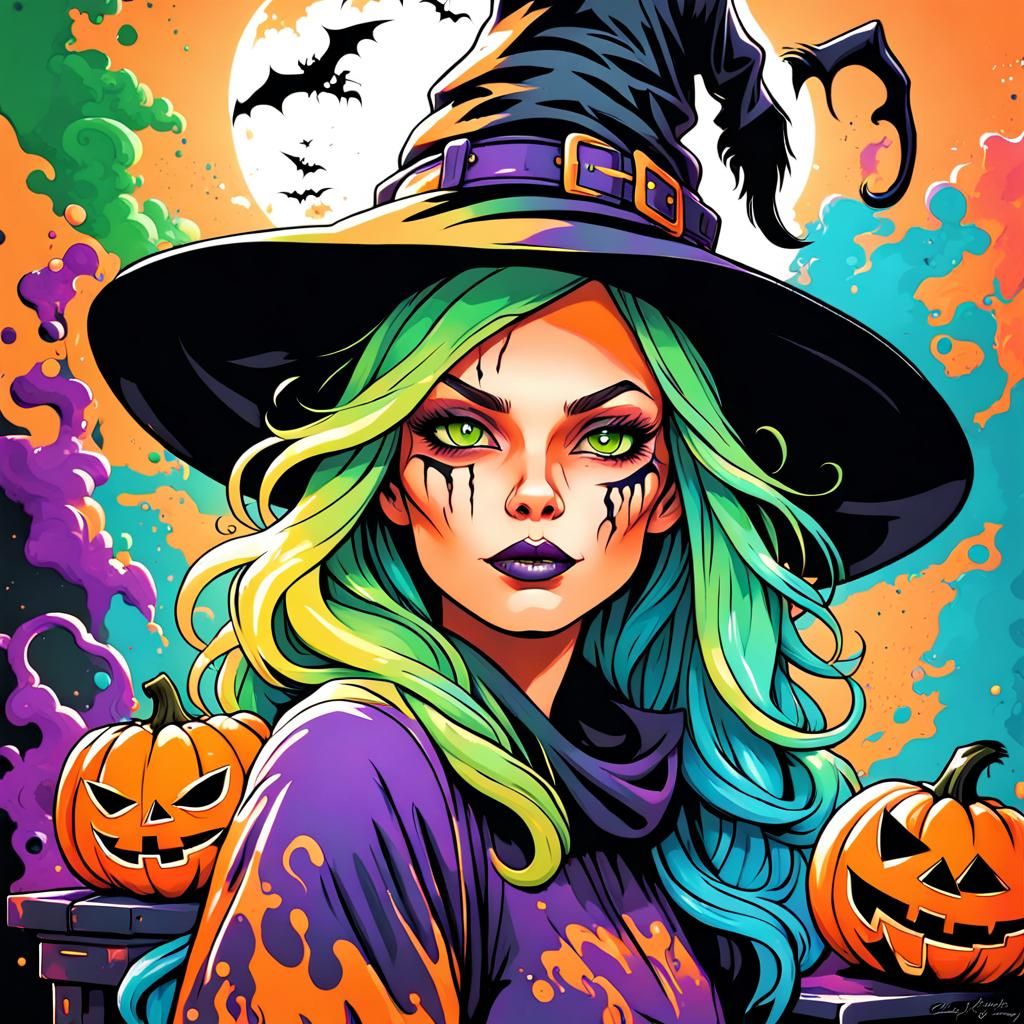 Halloween Witch and Cat Coloring Page in Graffiti Art