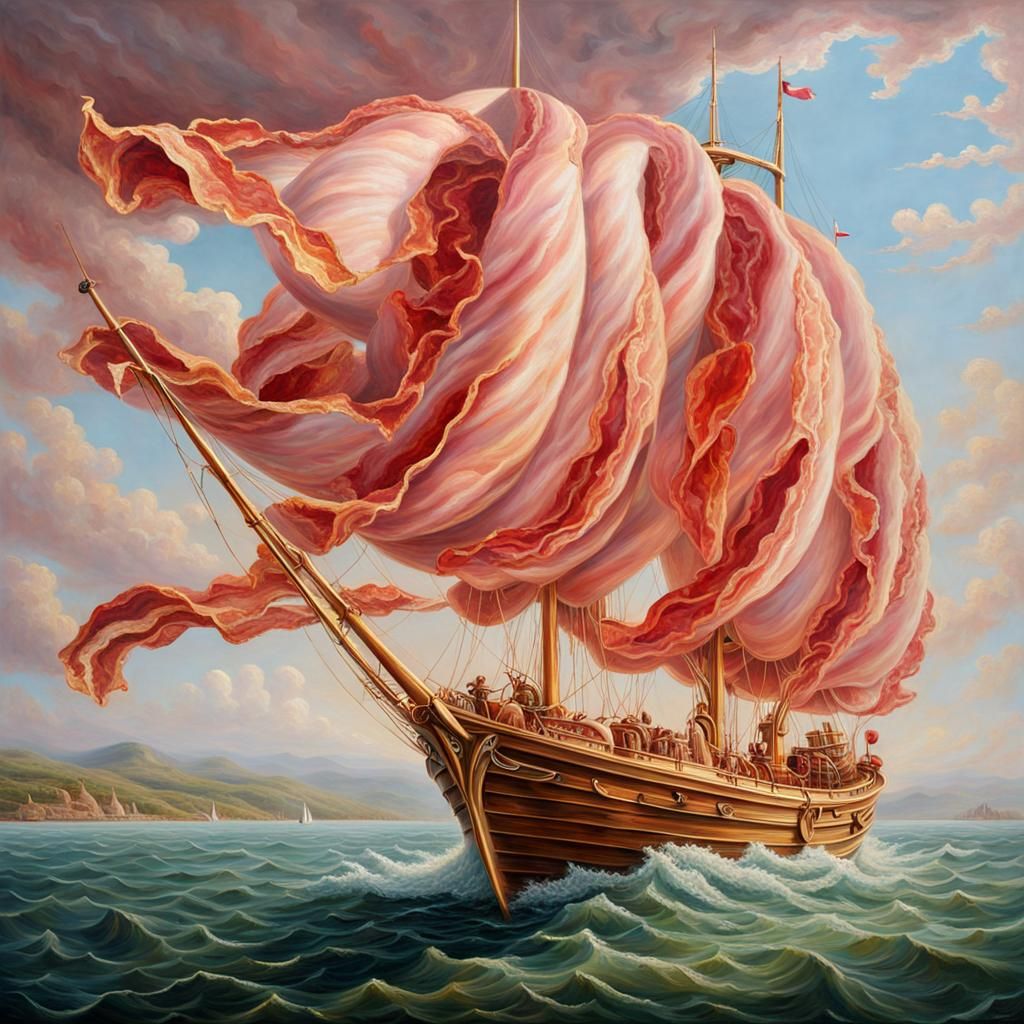 Sailing Ship with Bacon Sails: Surreal Digital Art