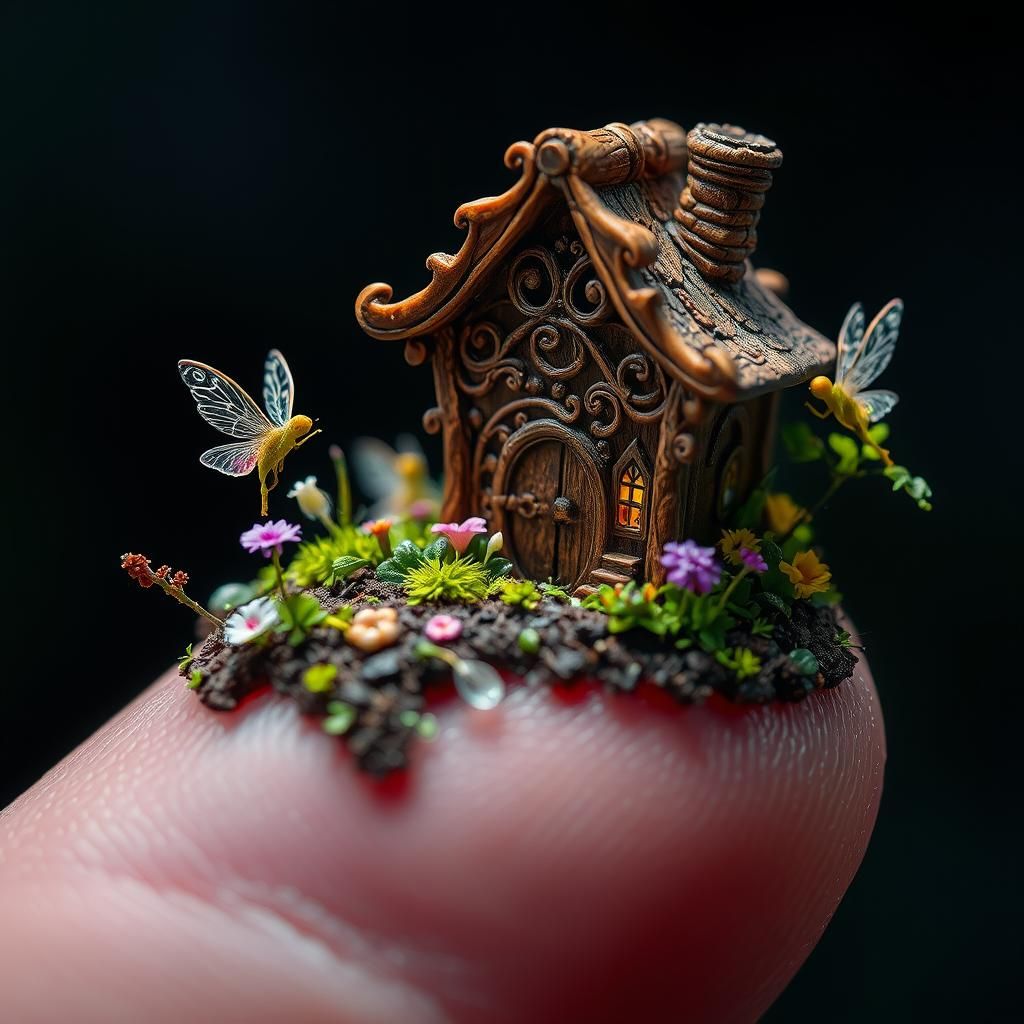 Intricate Fairy House on Finger: Hyper-Detailed Macro Photo