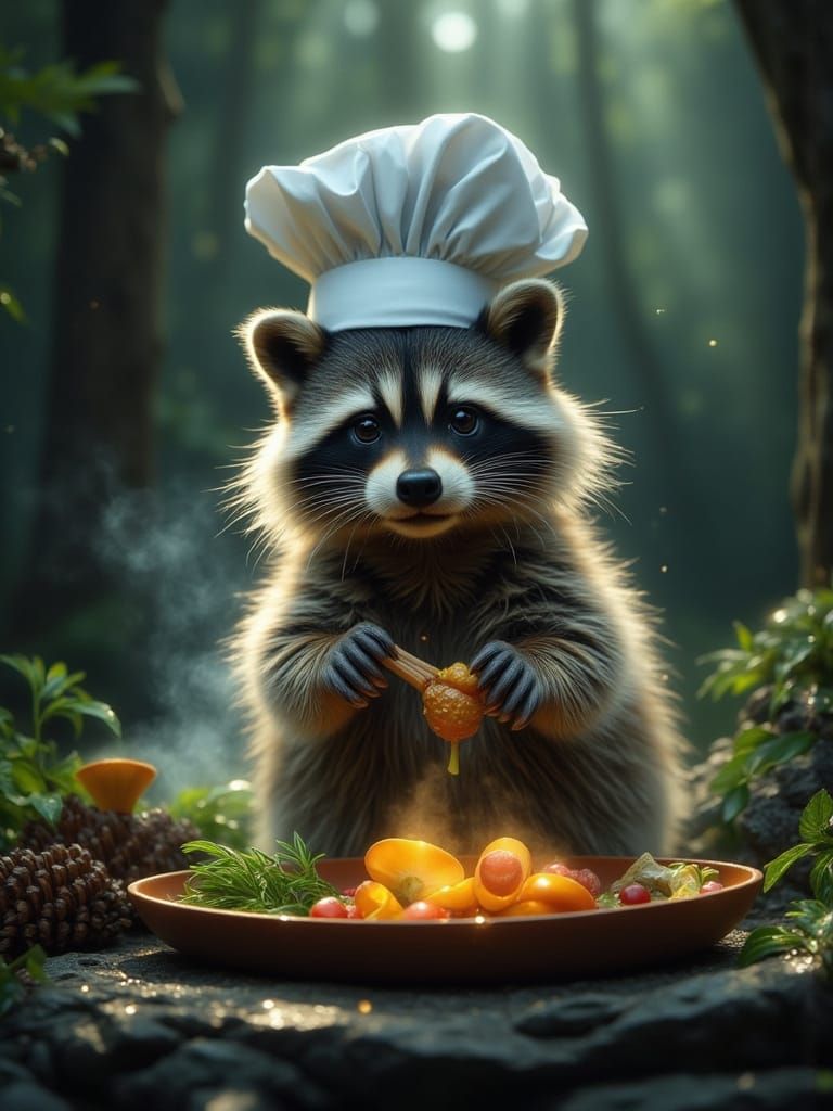 Clever Raccoon Chef Prepares Gourmet Meal in Moonlit Forest