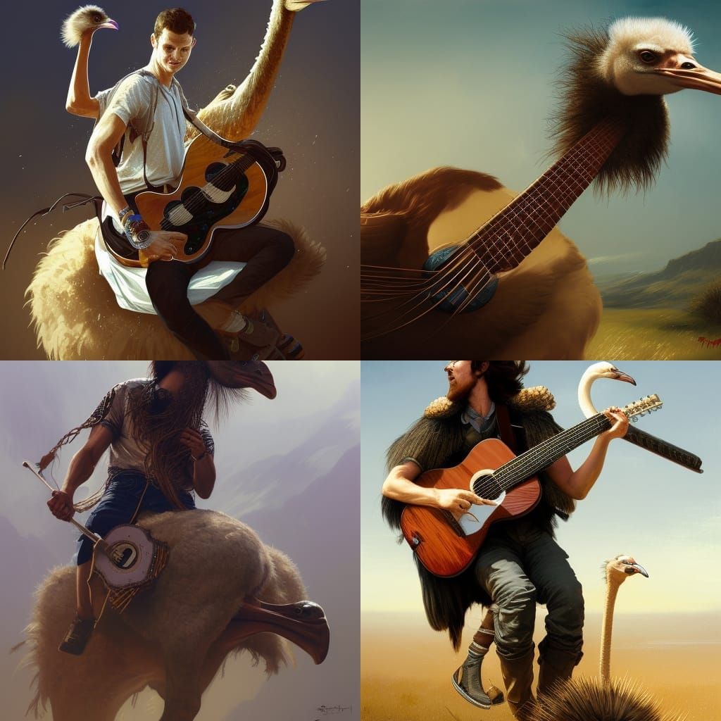 Man Rides Ostrich Playing Guitar: Detailed Art Portrait