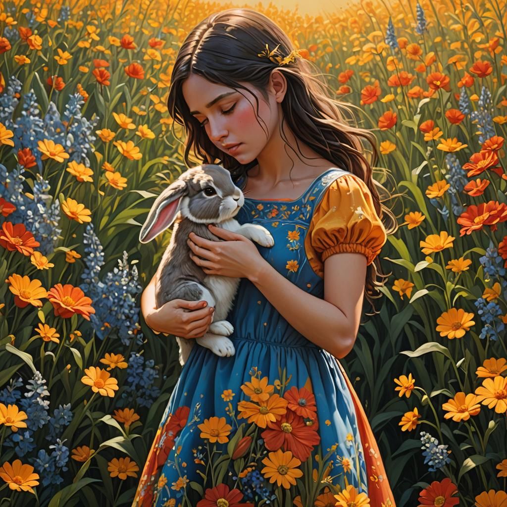Girl Hugs Bunny in Field of Flowers