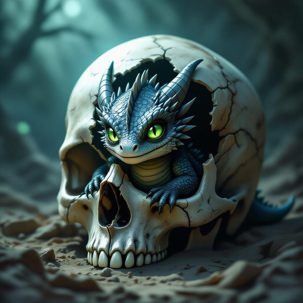 Baby Dragon in Skull, Dark Fantasy Art