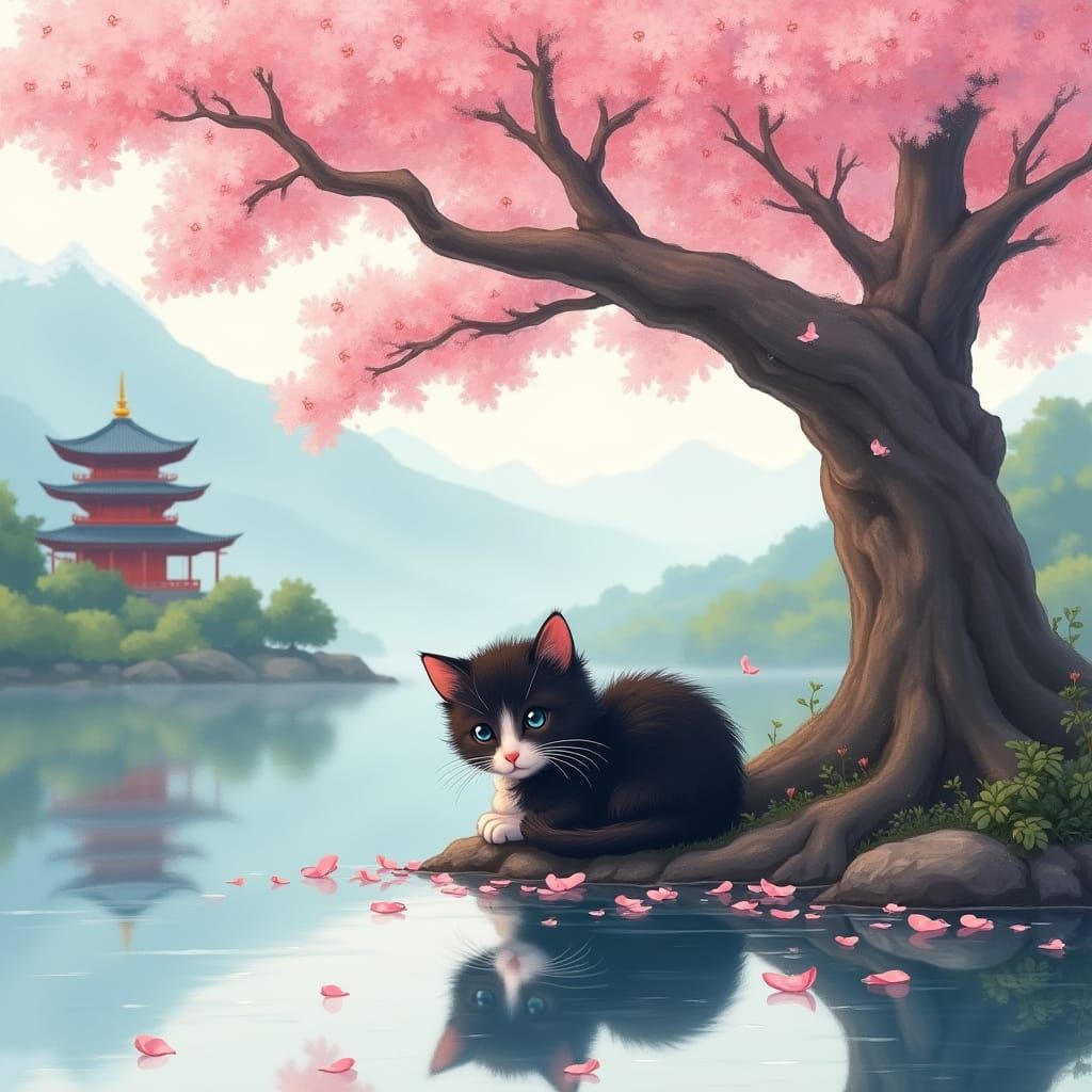 Kitten in Sakura Garden, Watercolor Style