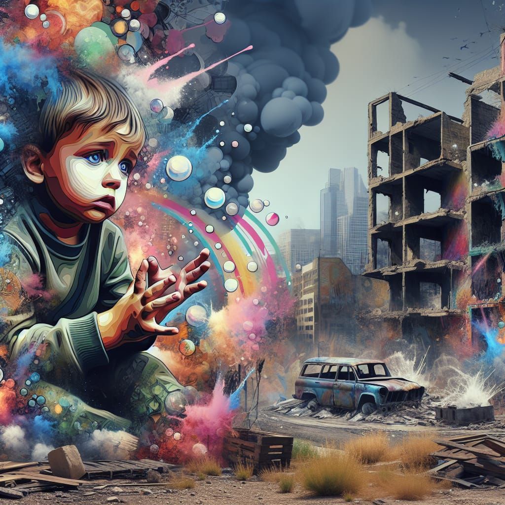Boy's Sorrow in Polychromatic Street Art Cityscape