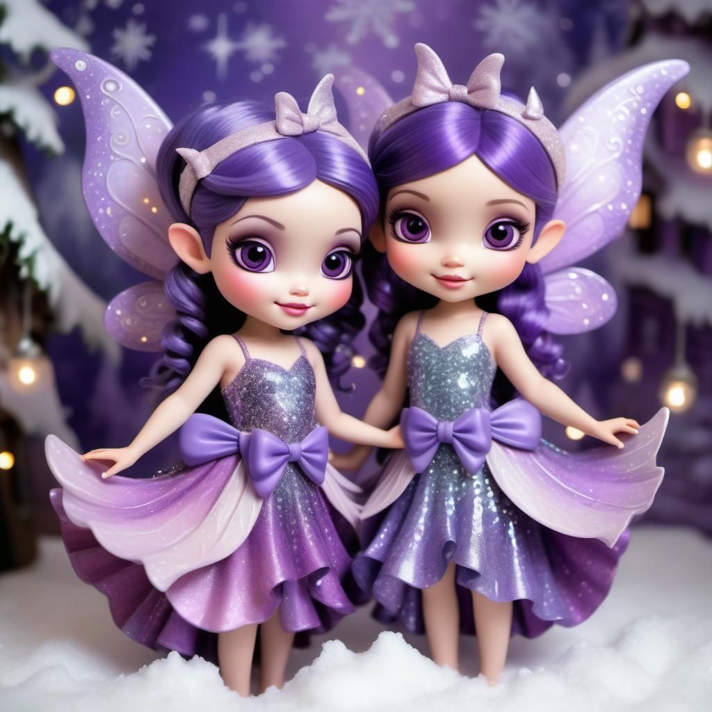 Disney Pixar style 3D Sugarplum Fairies, wearing plum colored sparkly glittery pretty dresses with bows in their hair, g...