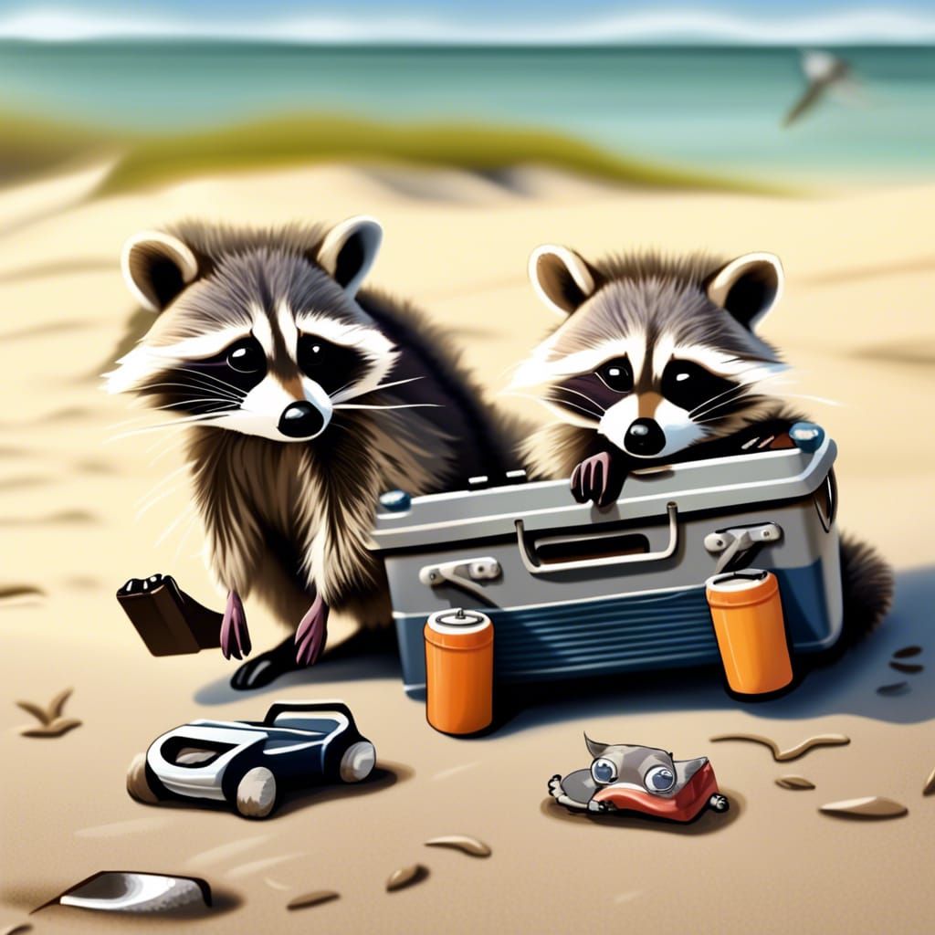 Raccoons Carrying Car Battery on Beach