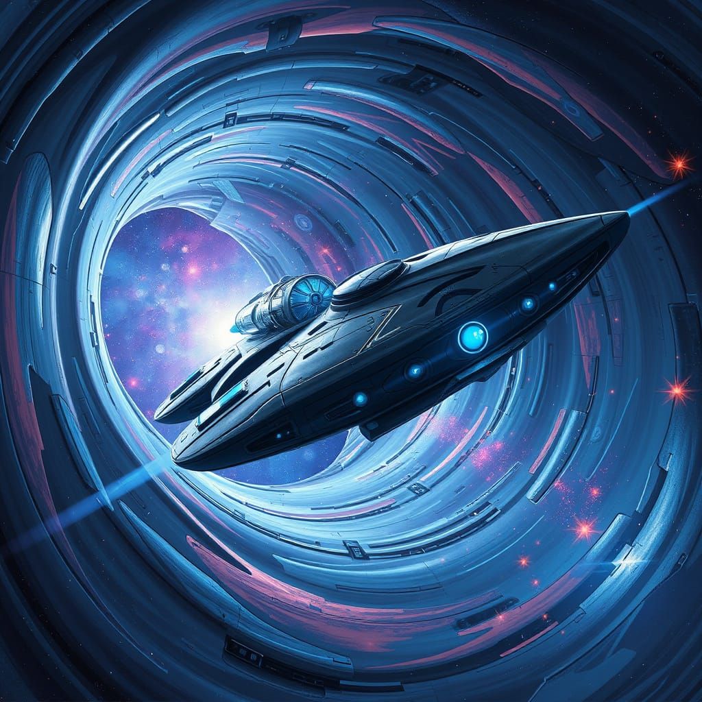 Sleek Spaceship Emerges from Iridescent Wormhole