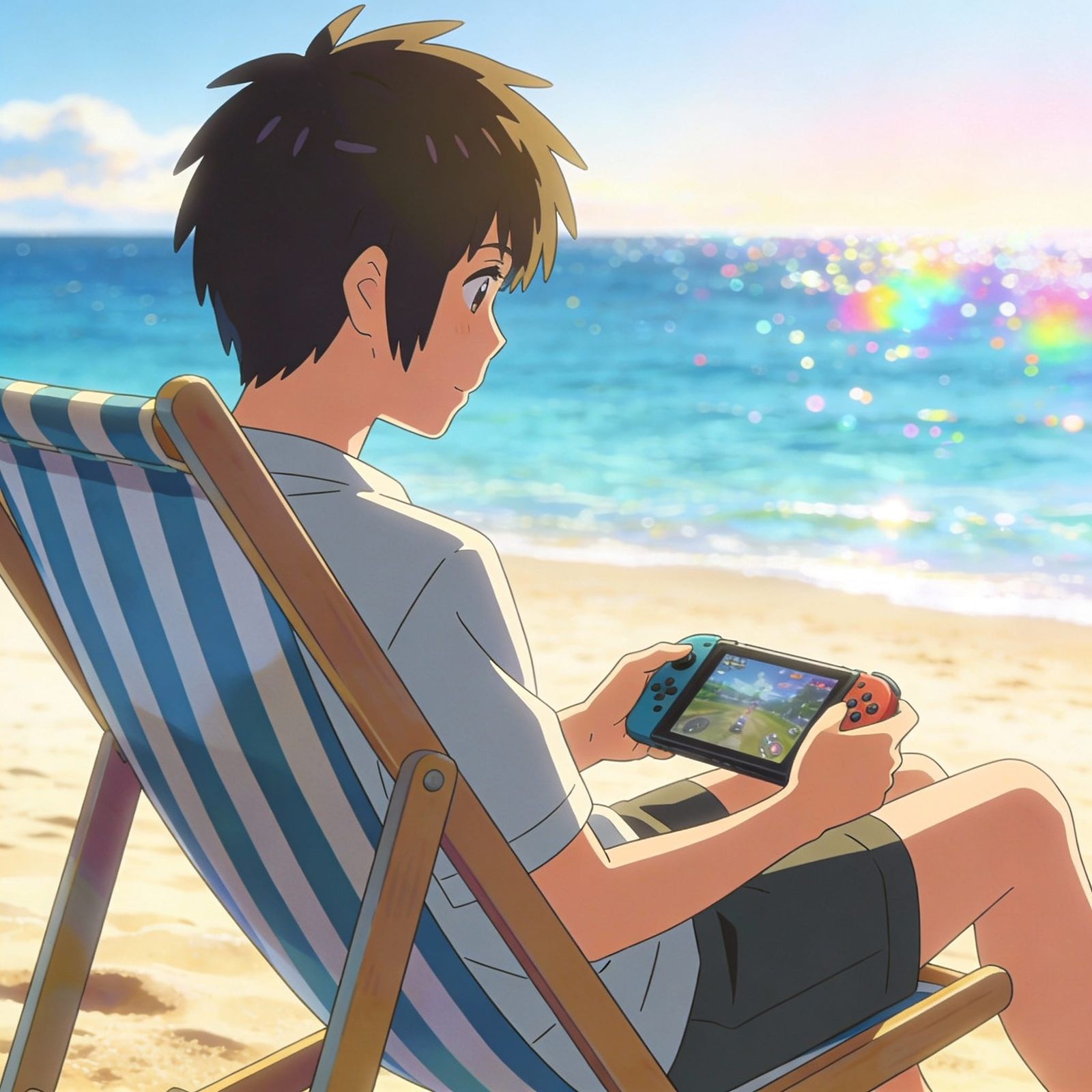 Anime Style Beach Gamer Plays Console in Daylight