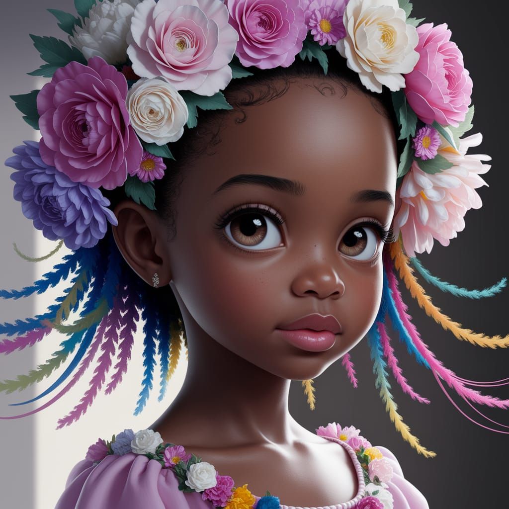 Anime-Inspired Portrait of a Young Black Girl in a Floral Cr...