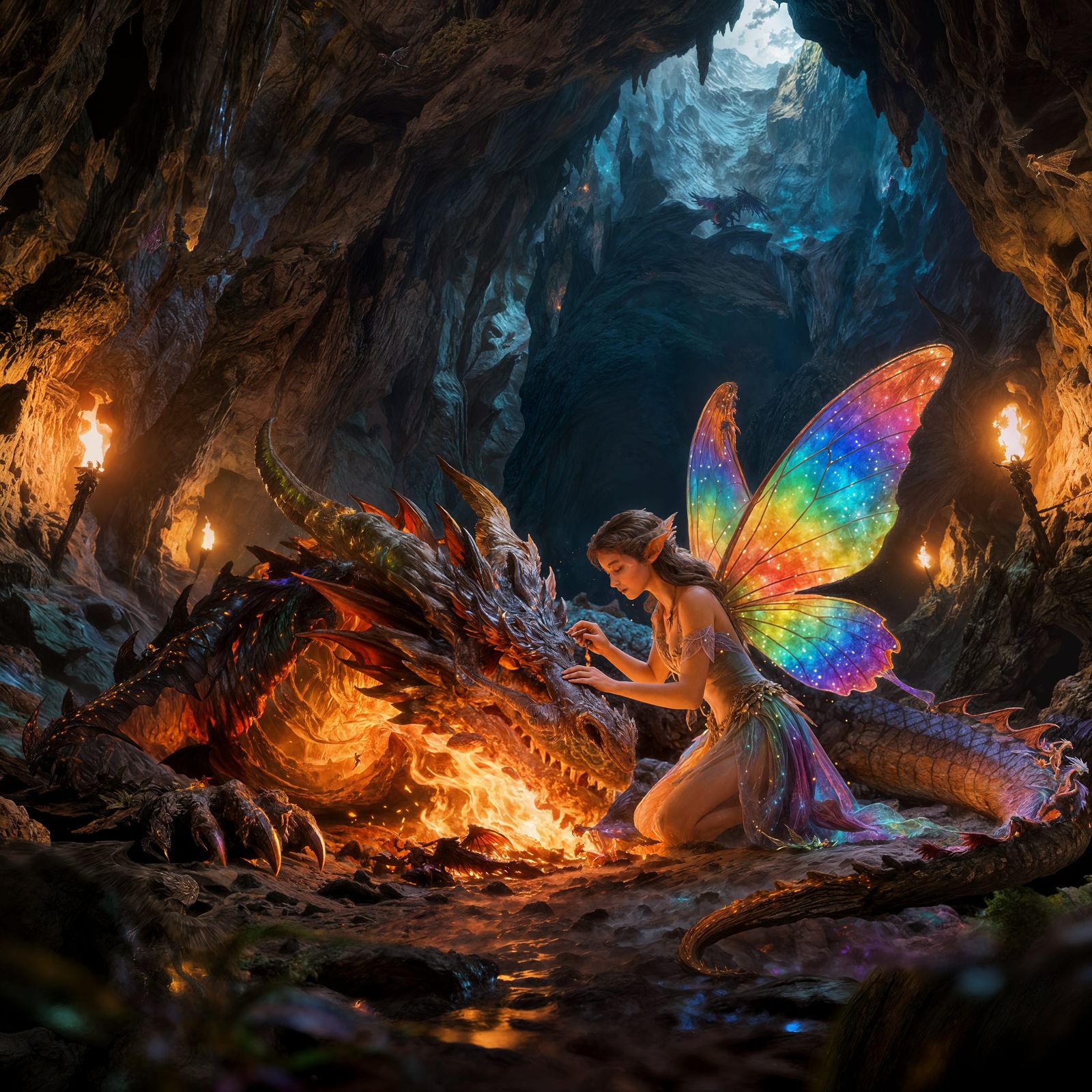 Fairy Tends Hurt Dragon in Torchlit Cave