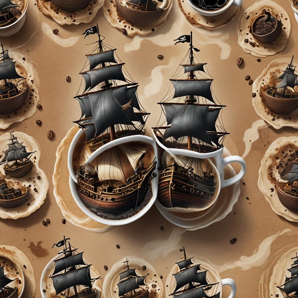 Pirate Ships Battle in Coffee Cup: Photorealistic