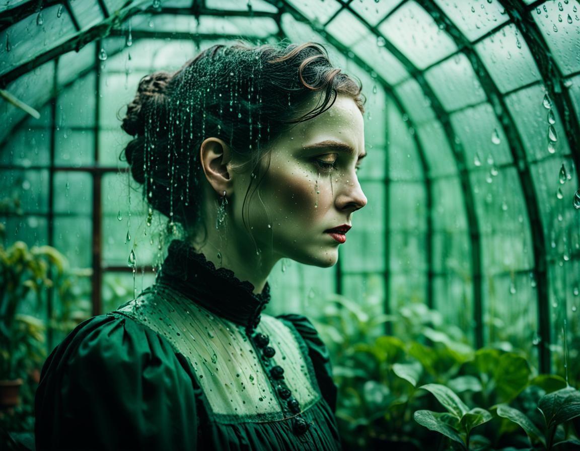 Victorian Woman in Greenhouse with Rain