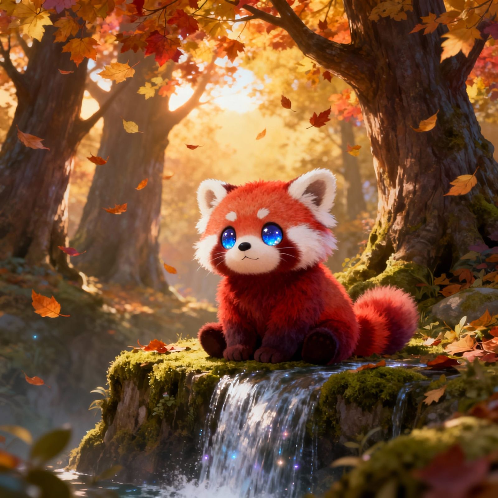 Adorable Red Panda by Waterfall in Autumn