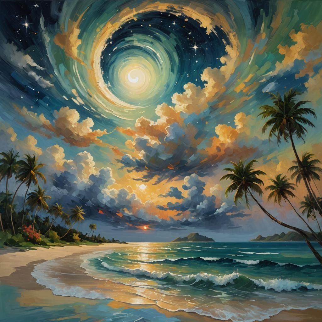 Starry Island Seascape as Impressionist Painting