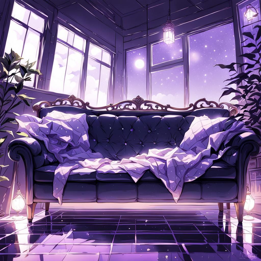 Anime Room with Purple Lighting at Night