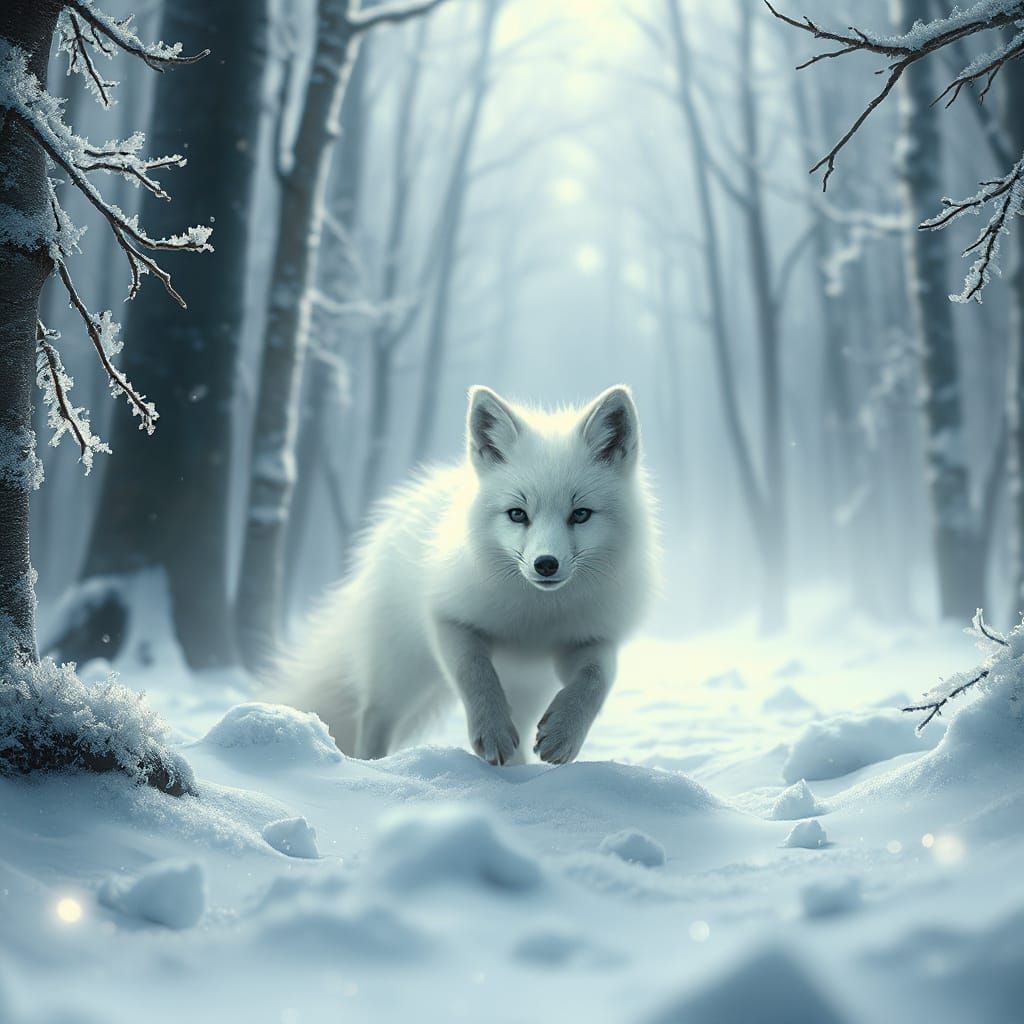 Fluffy White Fox Cub in a Winter Wonderland Scene