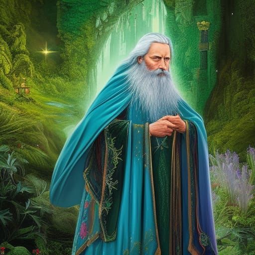 Kindly Wizard Outside a Magical Castle