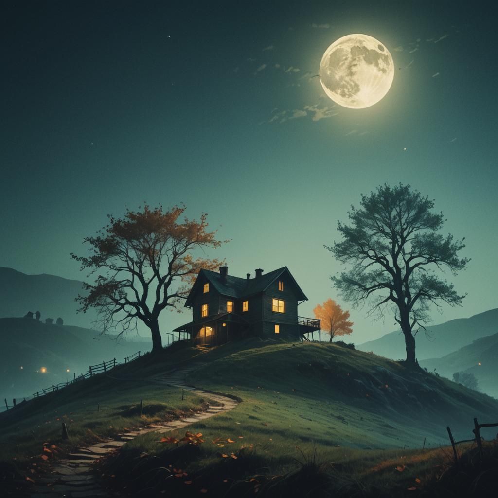 Mysterious House Under Moonlight in Film Noir Style