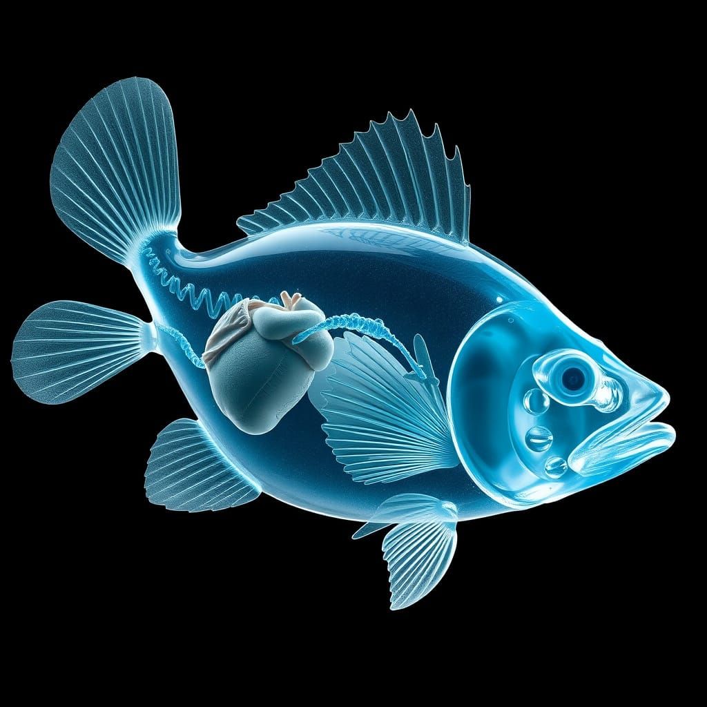 Hyper-Realistic Transparent Fish in Vivid Blue Glass