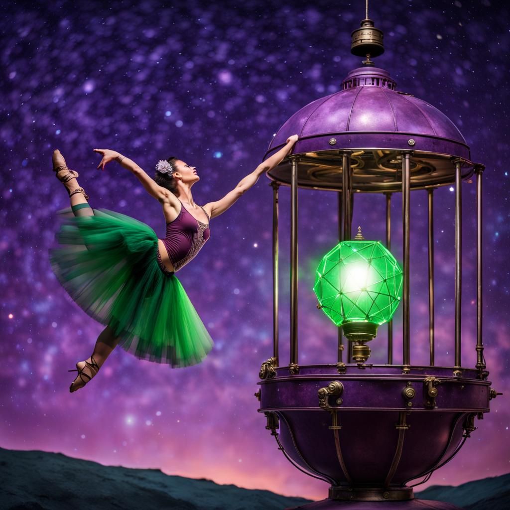 Steampunk Ballerina Pirouette Under Starry Sky