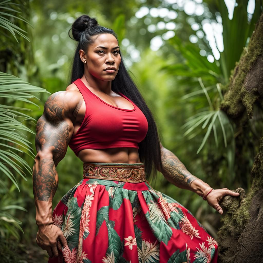 Muscular Tongan Woman in Tropical Forest