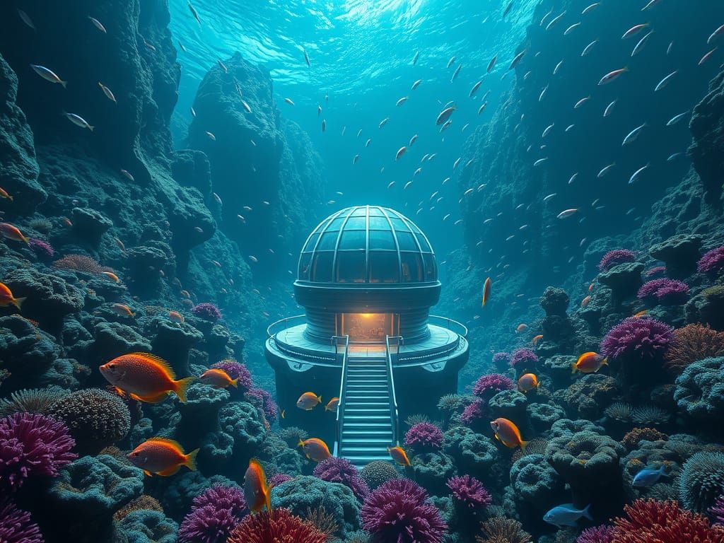 Futuristic Underwater Oasis Teeming with Iridescent Life