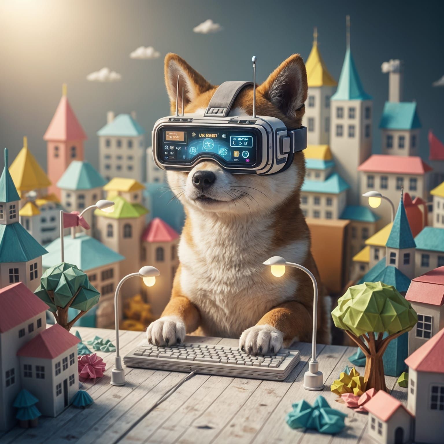 Shiba Inu in VR Headset with Origami Cityscape