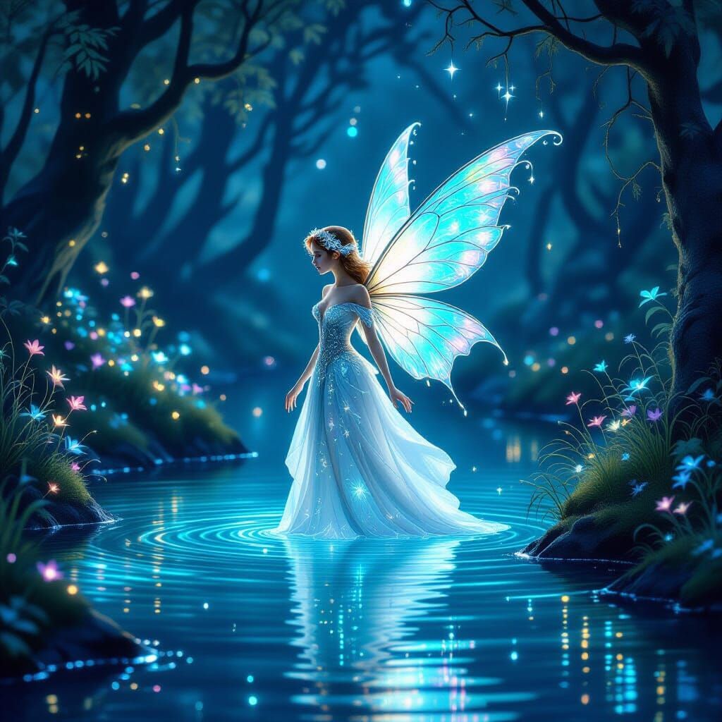 Bioluminescent Fairy Emerges from Crystal Lake