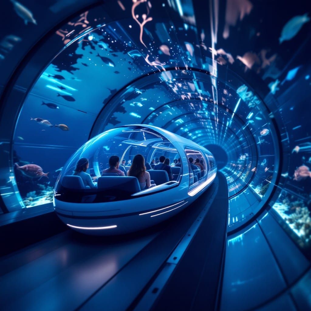 Underwater Hyperloop Pod in Bioluminescent Tunnel
