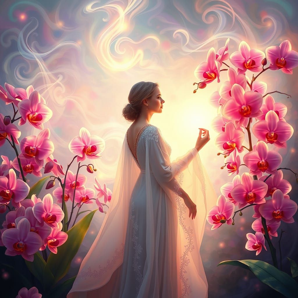 Enchanted Woman in Vibrant Orchid Grove