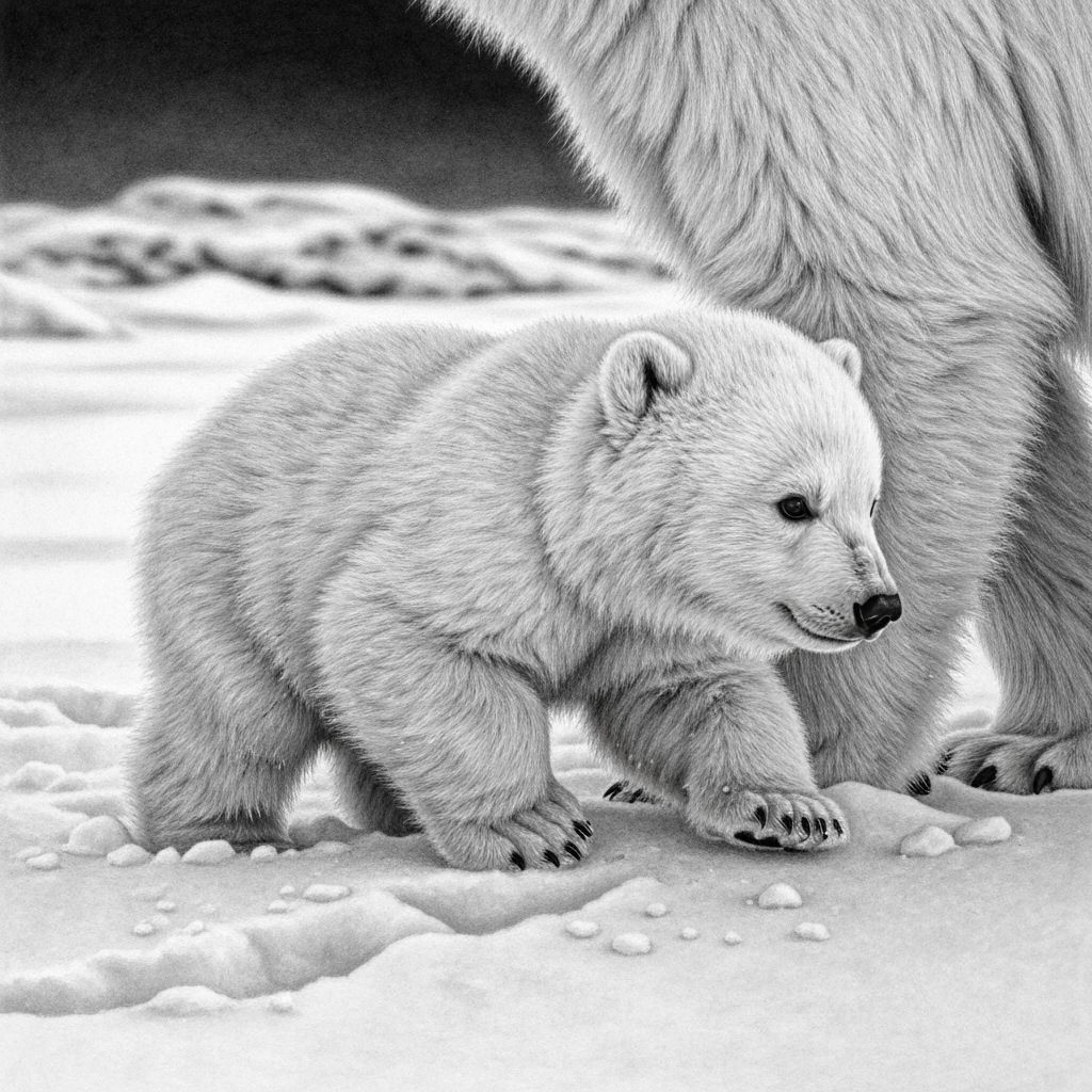 Polar Bear Cub's First Steps in Snow