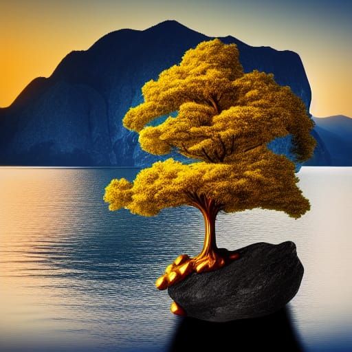 Golden Tree in Lake at Dawn with Lightning