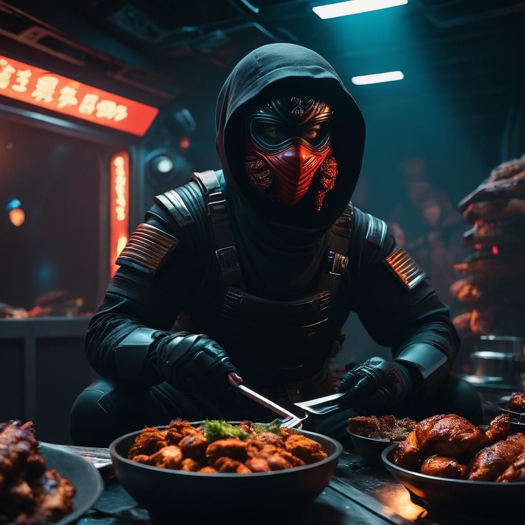 Ninja with Tandoori Chicken in Space: Cinematic Still