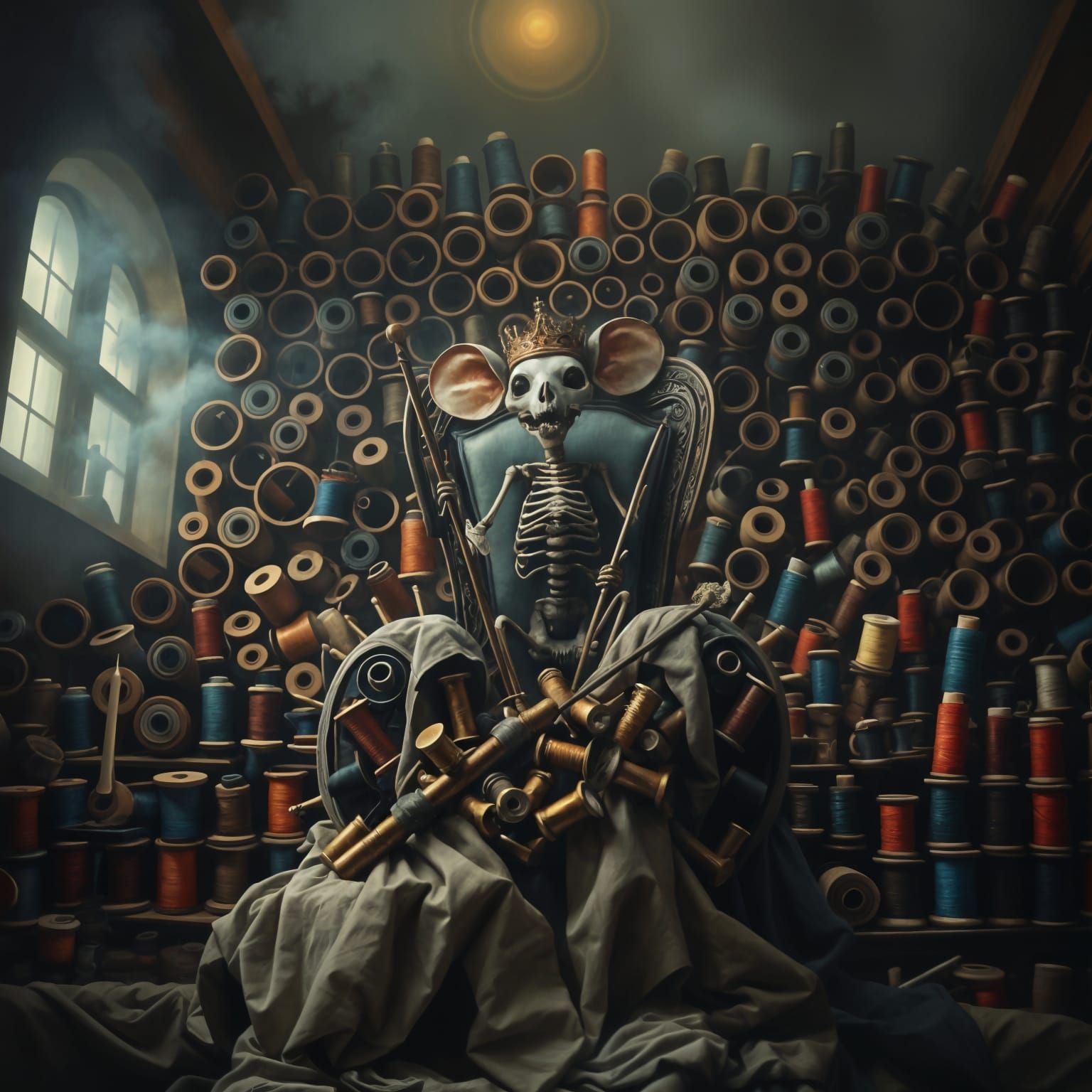 Skeletal Mouse King on Throne of Spools in Eerie Horror Oil ...
