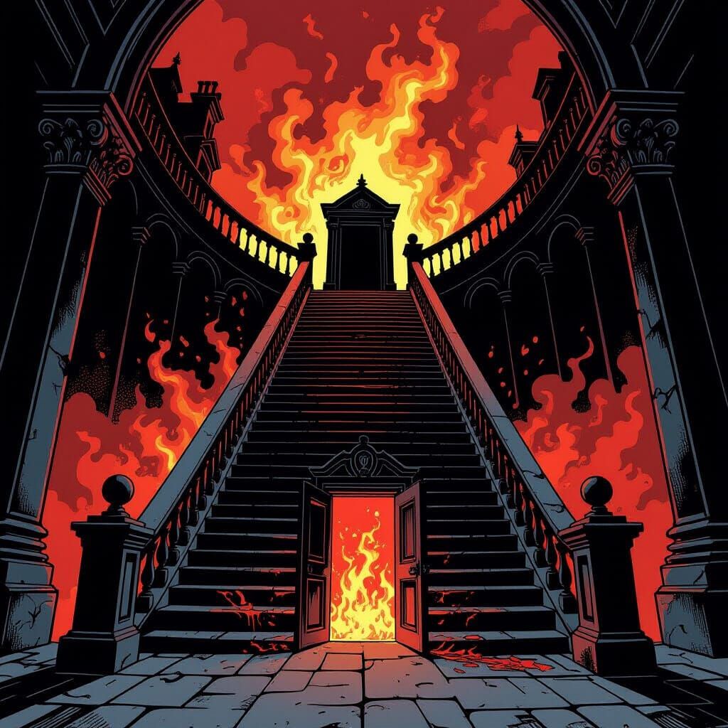 Infernal Descent: Gothic Staircase in Comic Book Style