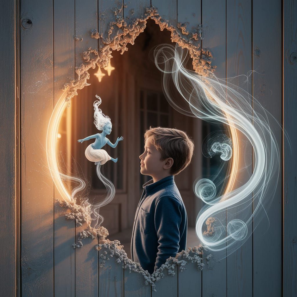 Boy with Smoke Genie Before Portal, Kinkade Style