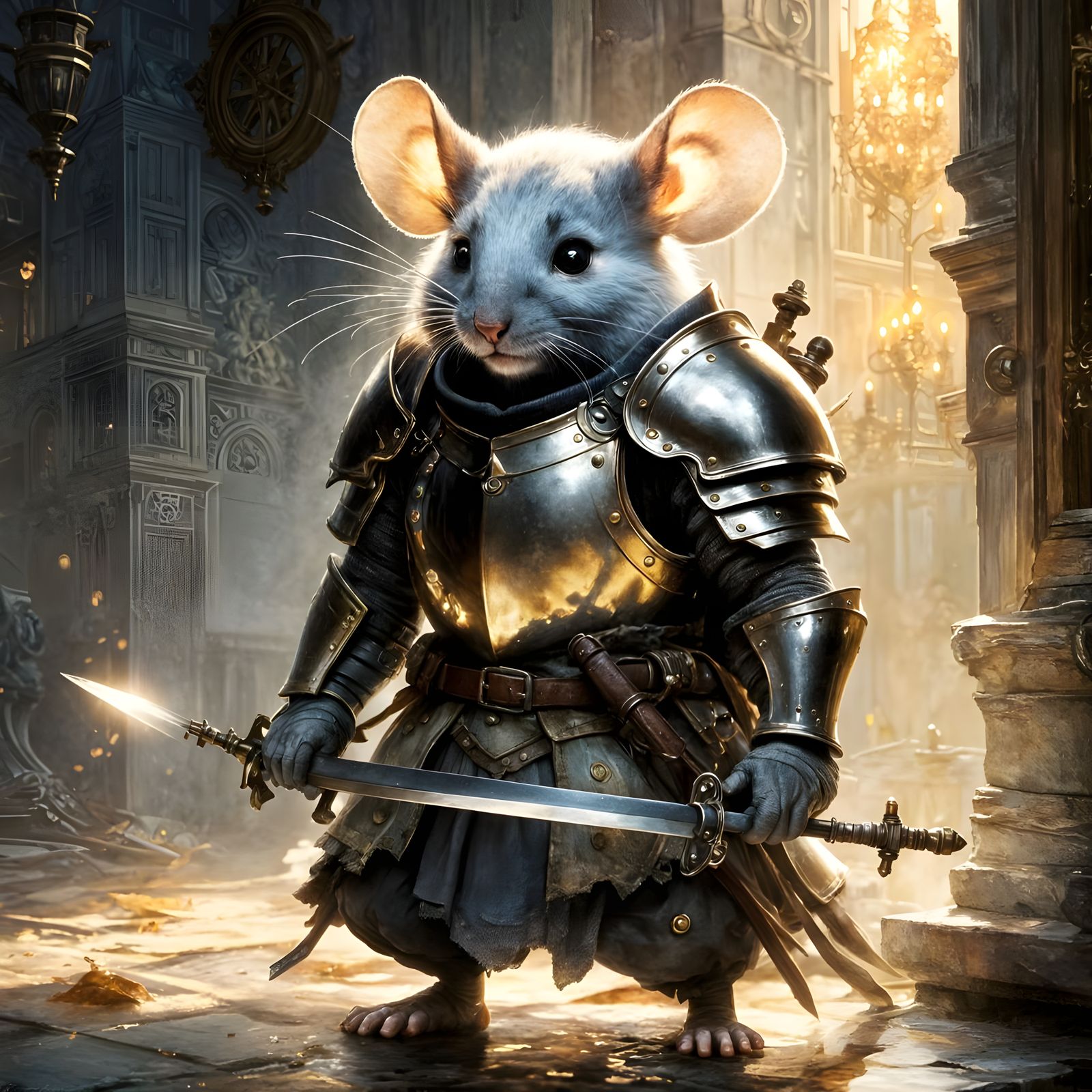 Ethereal Mousknight in Patchwork Armor Wields Needle Sword