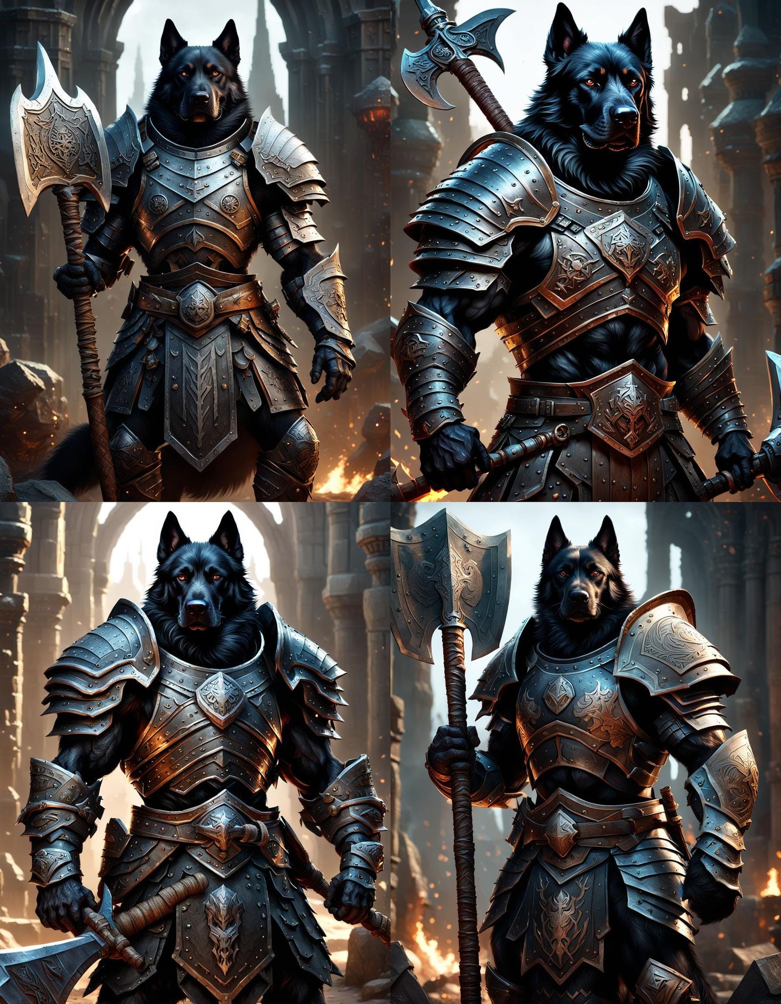 Armored Dog Warrior With Axes, Dark Fantasy Art