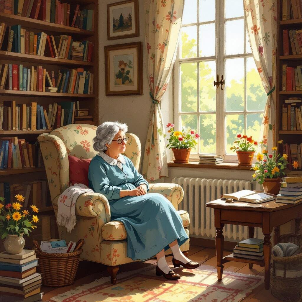 Woman Reading by Bookshelves in Impressionistic Style